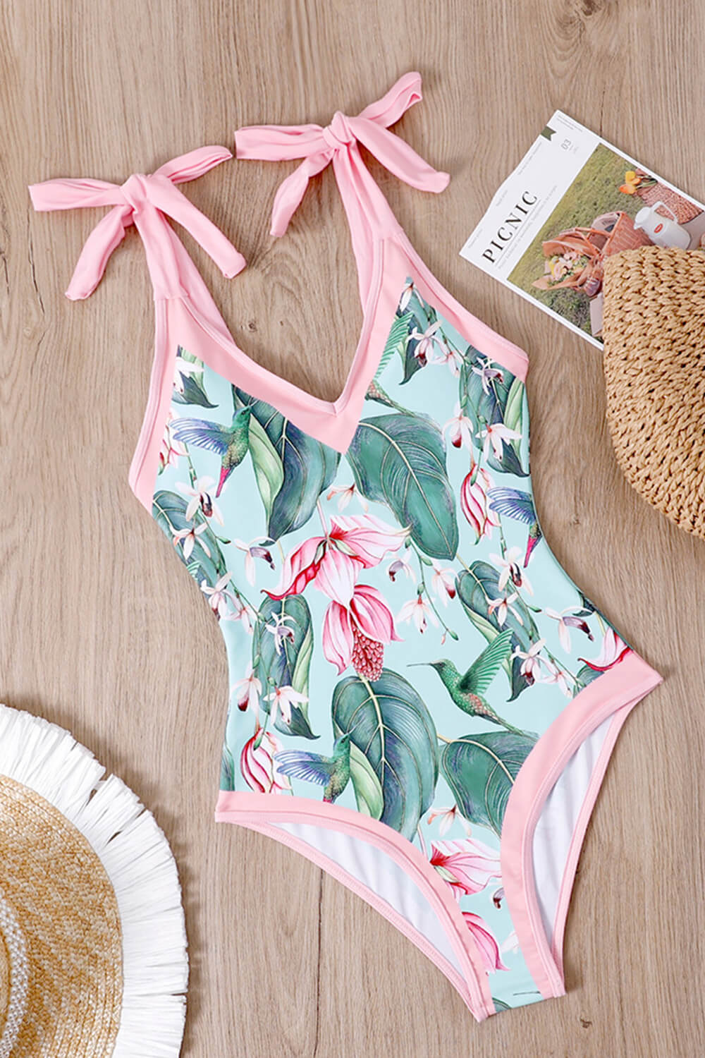 Pink Contrast Floral Print Plunge Tie-Shoulder One Piece Swimsuit