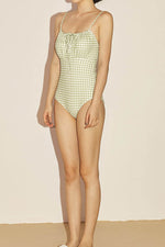 Mint Gingham Adjustable Tie Front Open Back One Piece Swimsuit