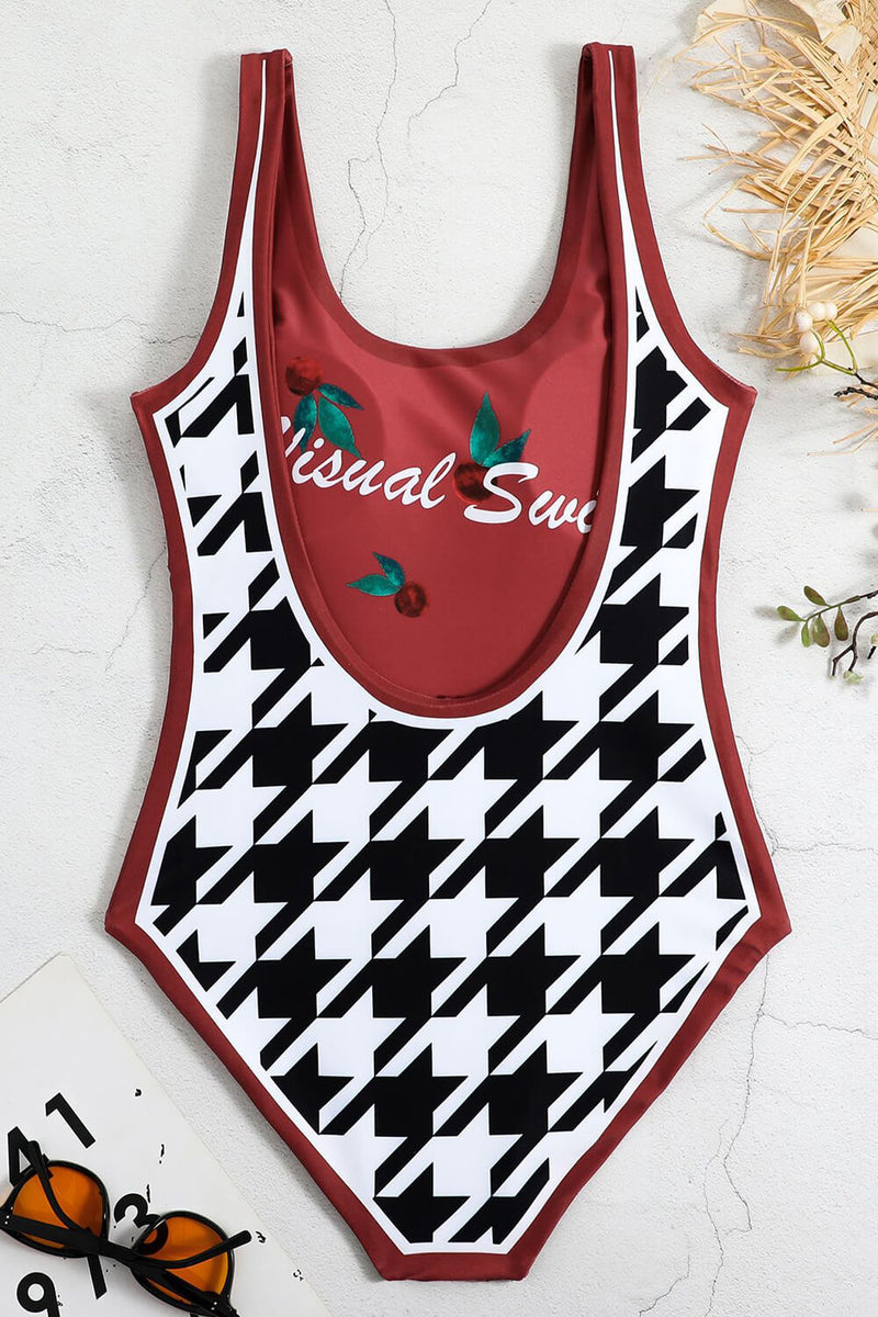Houndstooth & Floral Print Reversible Open Back One Piece Swimsuit