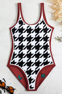 Houndstooth & Floral Print Reversible Open Back One Piece Swimsuit