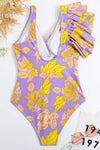 Hibiscus Print Ruffled Plunge One Piece Swimsuit