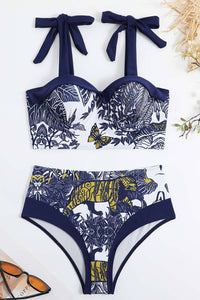 Tiger Print Sweetheart Tie-Shoulder Underwired High Waisted Bikini Set