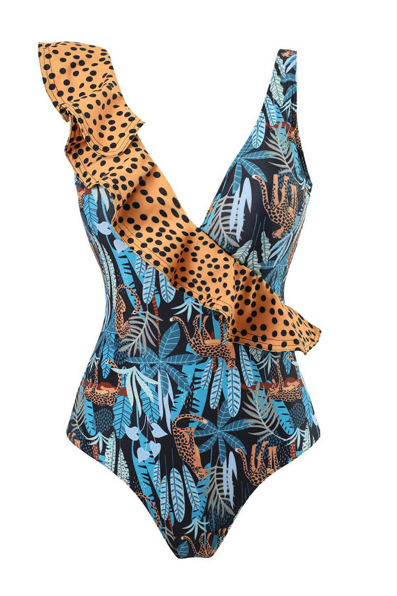 Midnight Jungle Leopard Print Frill Plunge One Piece Swimsuit