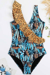Midnight Jungle Leopard Print Frill Plunge One Piece Swimsuit