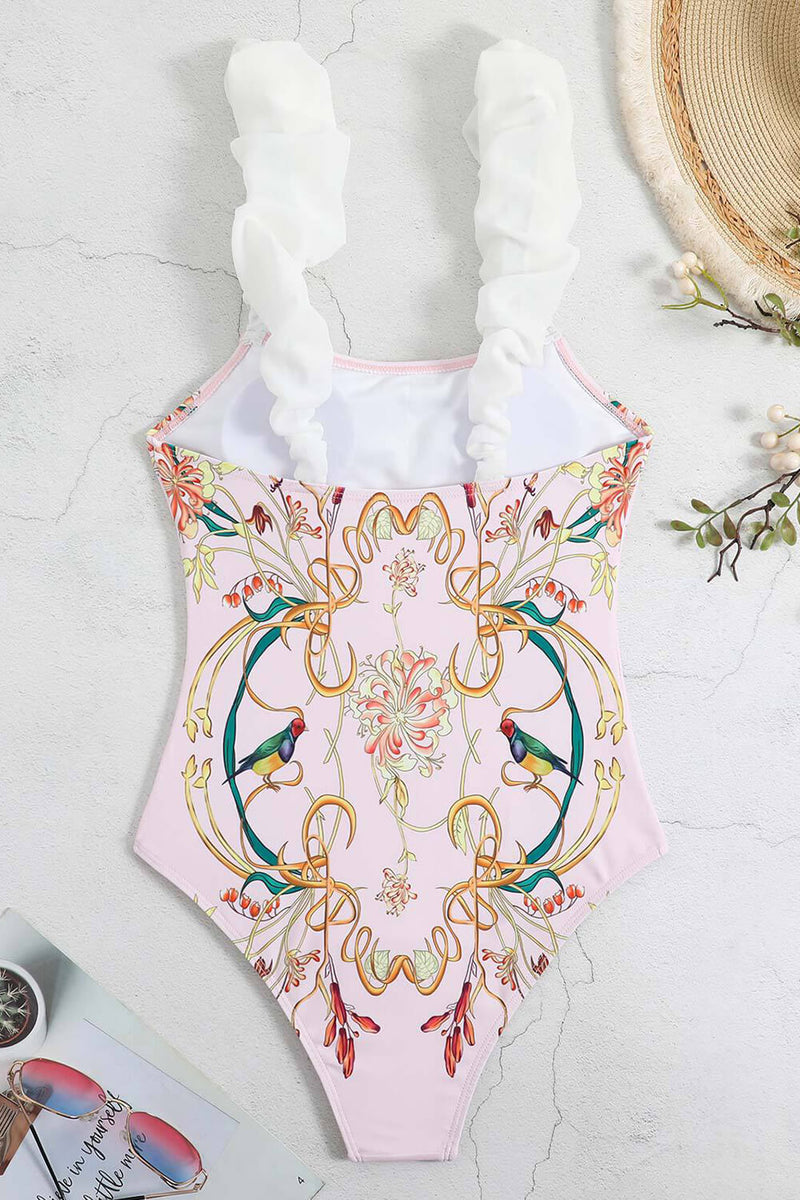 Floral & Birds Print Ruffled Shoulder One Piece Swimsuit
