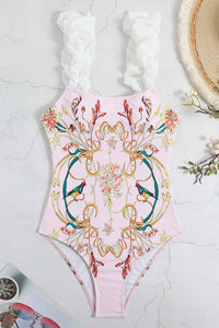 Floral & Birds Print Ruffled Shoulder One Piece Swimsuit
