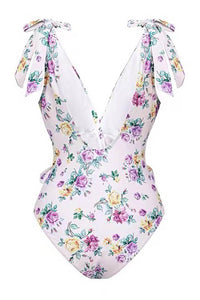 Roses Print Ruffled Plunge Tie-Shoulder Open Back One Piece Swimsuit
