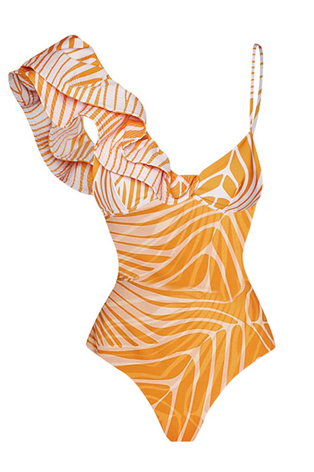 Tropical Leaf Print Frill Plunge One Piece Swimsuit