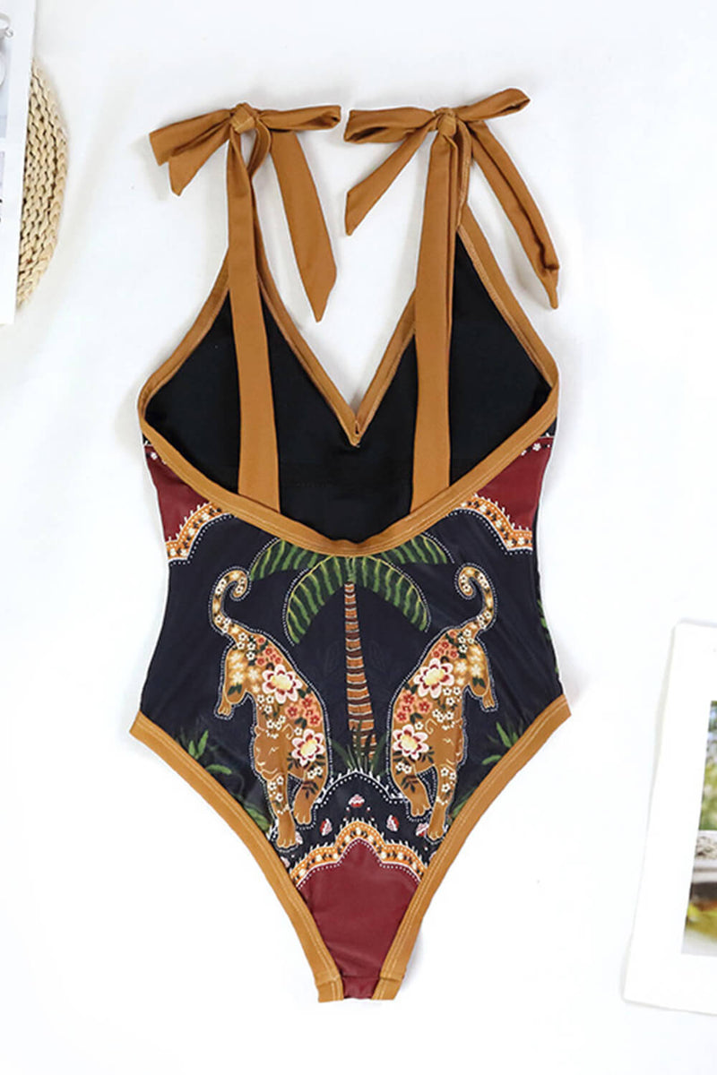 Leopard Print Plunge Tie-Shoulder One Piece Swimsuit