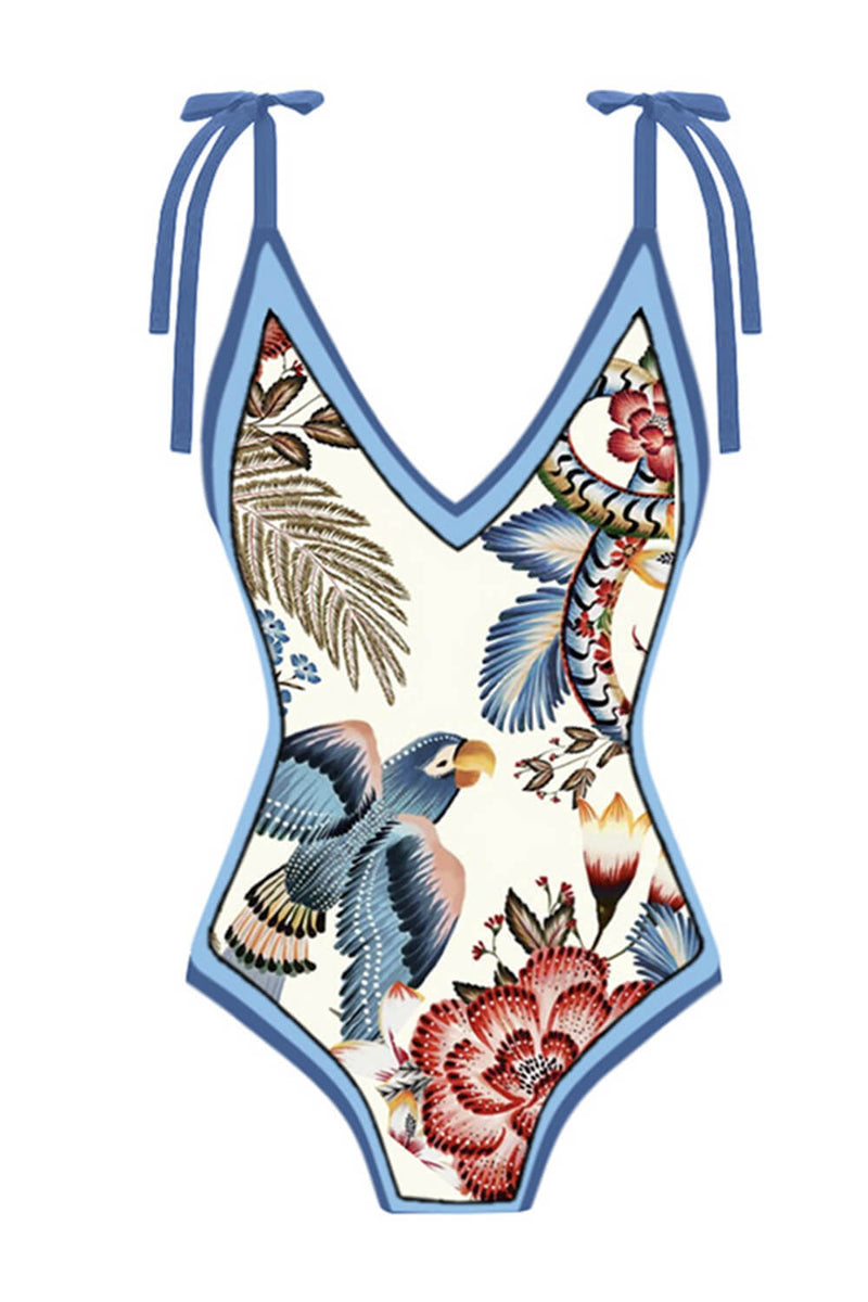 Floral & Eagle Print Plunge Tie-Shoulder One Piece Swimsuit