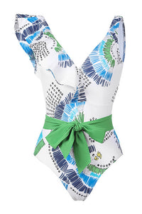 Eagle Print Asymmetric Ruffled Plunge Tie Waist One Piece Swimsuit - Green/Blue