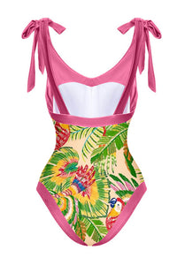 Macaw Leaves Print Plunge Tie-Shoulder One Piece Swimsuit