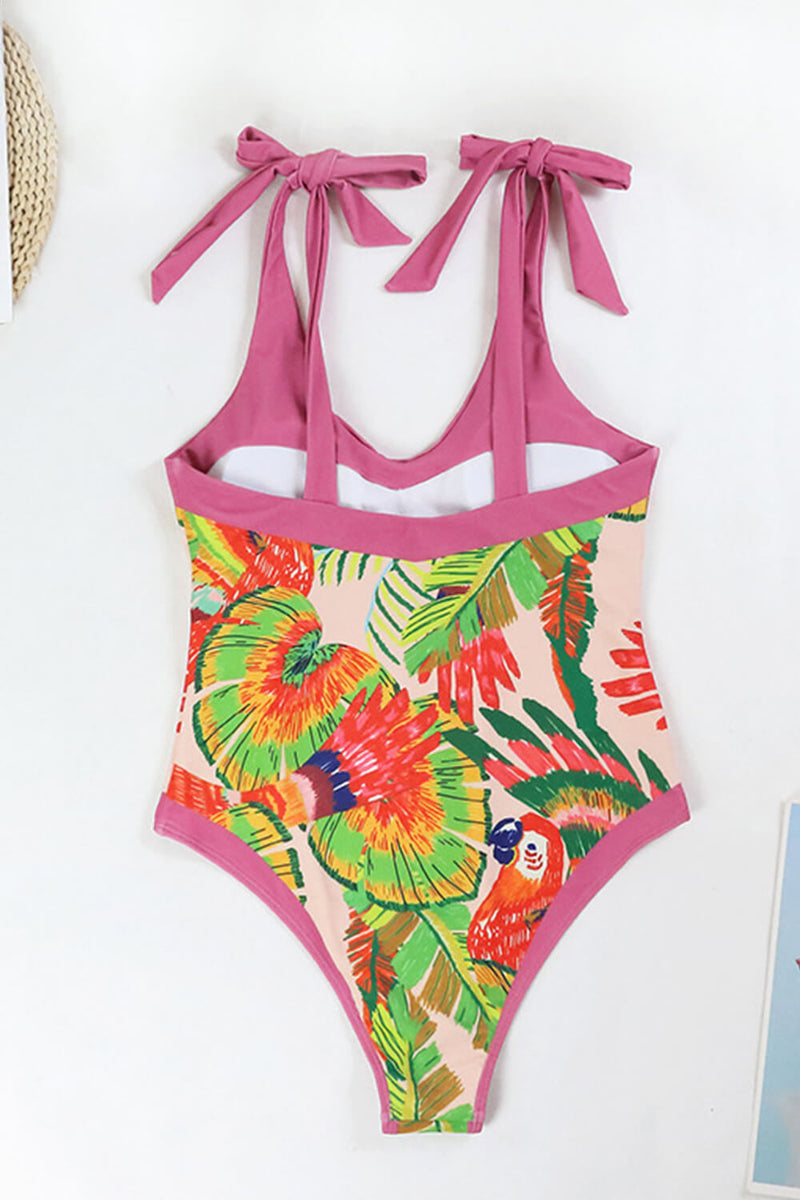 Macaw Leaves Print Plunge Tie-Shoulder One Piece Swimsuit