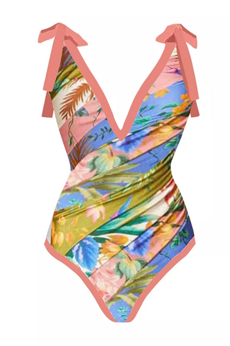 Floral Print Plunge Tie-Shoulder One Piece Swimsuit
