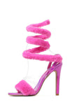 Faux Fur Wrap Around Pointed Toe Stiletto Heels - Hot Pink