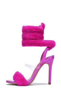 Faux Fur Wrap Around Pointed Toe Stiletto Heels - Hot Pink