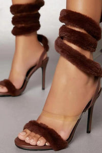 Faux Fur Wrap Around Pointed Toe Stiletto Heels - Brown