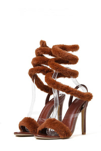 Faux Fur Wrap Around Pointed Toe Stiletto Heels - Brown