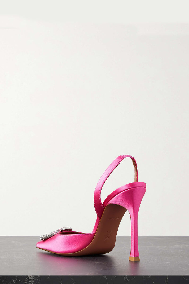 Crystal-Embellished Satin Pointed Toe Slingback Pumps - Hot Pink