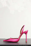 Crystal-Embellished Satin Pointed Toe Slingback Pumps - Hot Pink