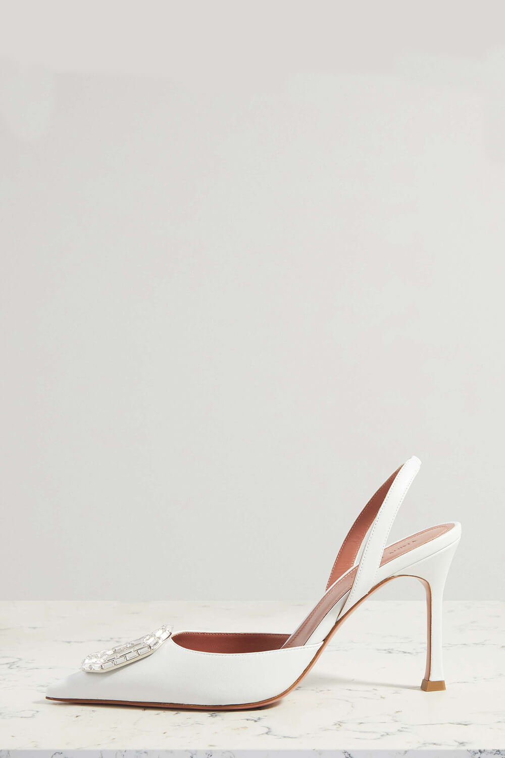 Crystal-Embellished Satin Pointed Toe Slingback Pumps - White
