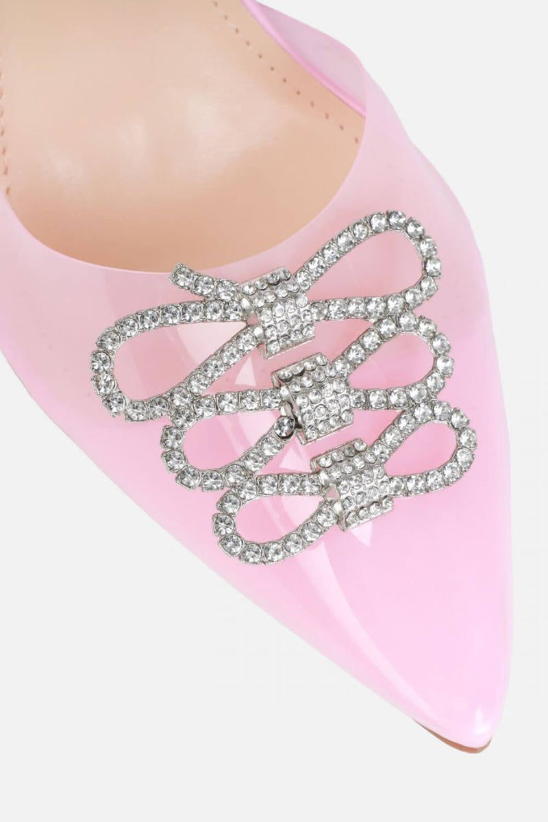Pink Clear Diamante Bow Slingback Pointed Toe Court Heels