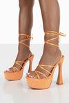 Satin Lace Up Square Toe Platform Party High Heels - Orange