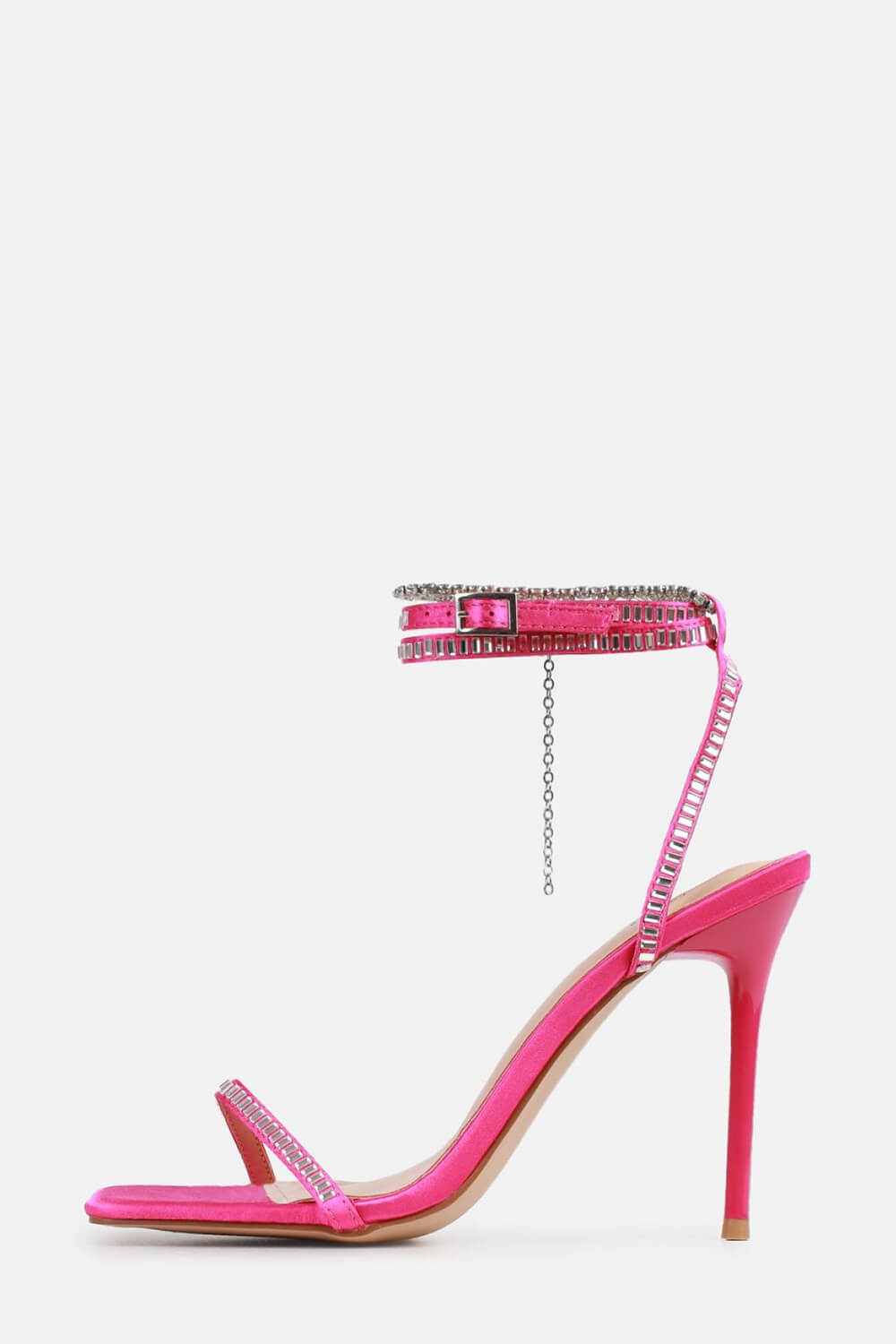 Pink Satin Strappy Diamante Chain Mirror Gem Square Toe Stiletto Heels