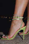 Neon Green Satin Strappy Diamante Chain Mirror Gem Square Toe Stiletto Heels