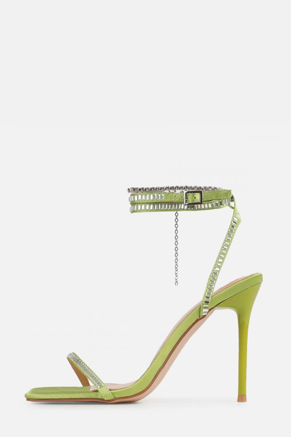 Neon Green Satin Strappy Diamante Chain Mirror Gem Square Toe Stiletto Heels