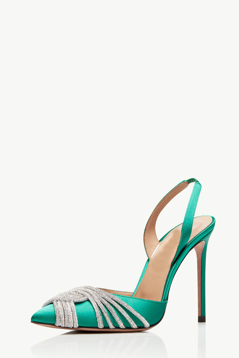Holographic Crossover Diamante Pointed Toe Slingback Stiletto Pumps - Green