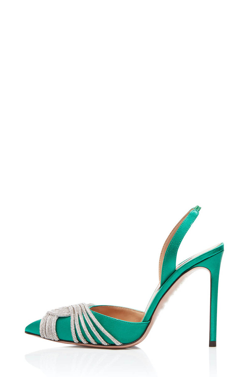 Holographic Crossover Diamante Pointed Toe Slingback Stiletto Pumps - Green