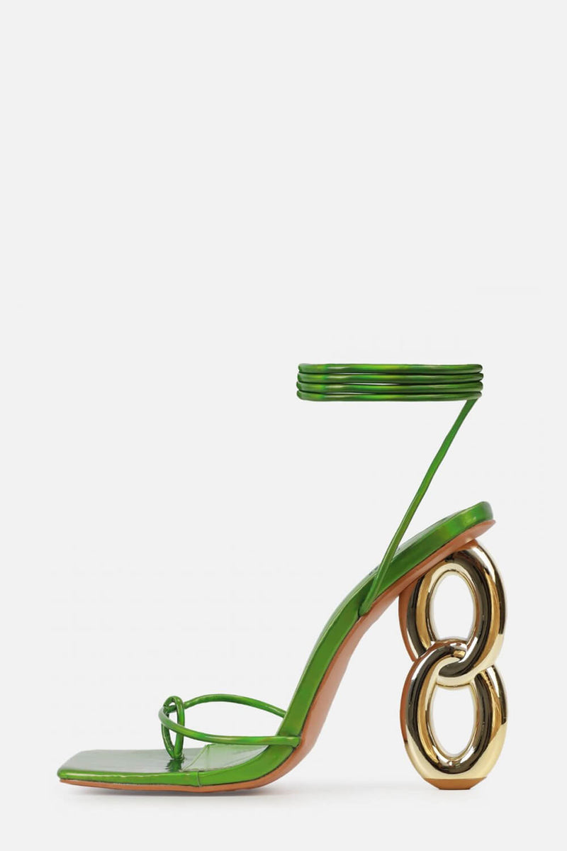 Lace Up Square Thong Toe Chain Heels - Green
