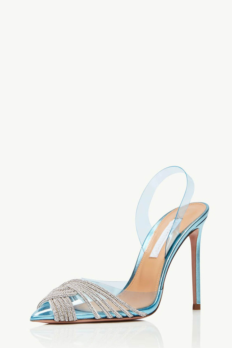 Holographic Clear Crossover Diamante Pointed Toe Perspex Slingback Stiletto Heels - Blue