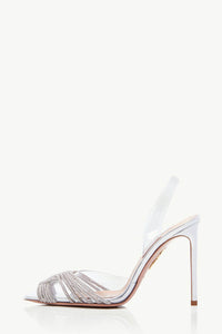 Holographic Clear Crossover Diamante Pointed Toe Perspex Slingback Stiletto Heels - Silver