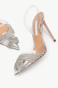 Holographic Clear Crossover Diamante Pointed Toe Perspex Slingback Stiletto Heels - Silver
