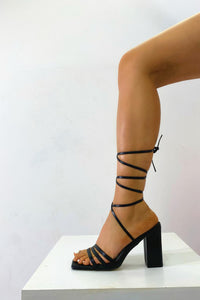 Faux Leather Strappy Lace Up Square Toe Block Heels - Black