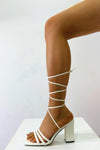 Faux Leather Strappy Lace Up Square Toe Block Heels - White
