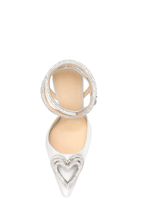 Satin Diamante Triple Heart Wrap Around Pointed Toe Platform Flared Heels - White
