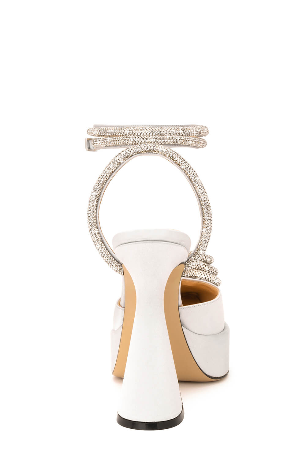 Satin Diamante Triple Heart Wrap Around Pointed Toe Platform Flared Heels - White