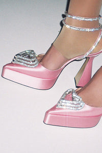 Satin Diamante Triple Heart Wrap Around Pointed Toe Platform Flared Heels - Baby Pink