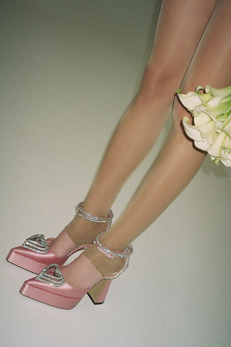 Satin Diamante Triple Heart Wrap Around Pointed Toe Platform Flared Heels - Baby Pink