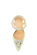 Satin Diamante Triple Heart Wrap Around Pointed Toe Platform Flared Heels - Green