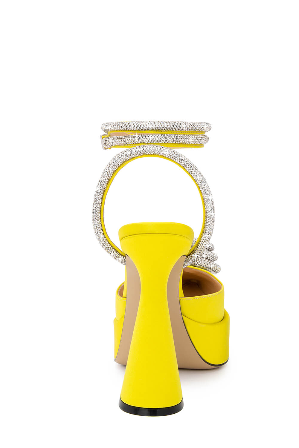 Satin Diamante Triple Heart Wrap Around Pointed Toe Platform Flared Heels - Yellow