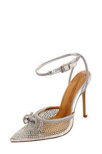 Clear Perspex Silver Wrap Around Diamante Bow Lace Up Court Heels