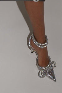 Clear Perspex Silver Wrap Around Diamante Bow Lace Up Court Heels