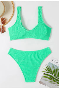 Crinkle Twist-Front Cropped High Leg Bikini Set - Pink/Lime/Lilac/White/Black
