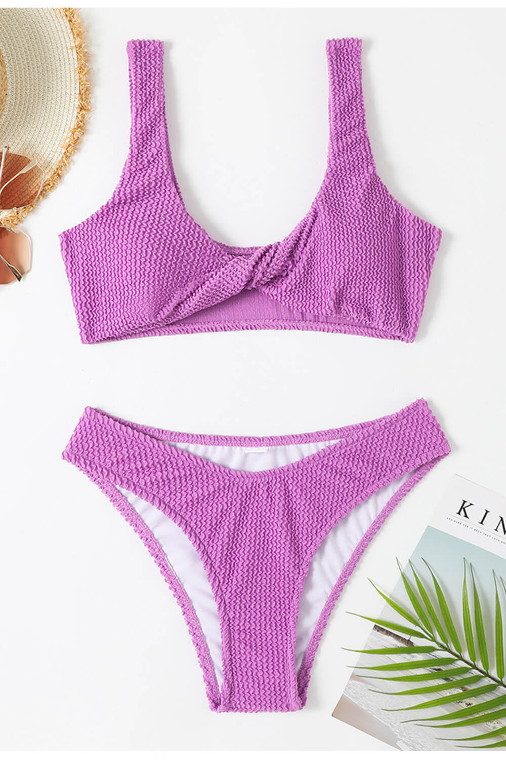 Crinkle Twist-Front Cropped High Leg Bikini Set - Pink/Lime/Lilac/Whit –  FloralKini