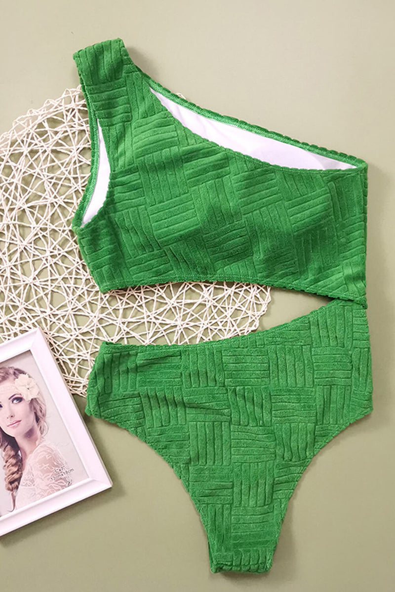 Green Jacquard Side Cut Out Asymmetrical One Piece Swimsuit