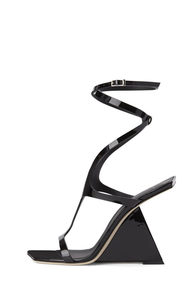 Patent Wrap Around Square Toe Cut-Out Sculpted Sandals - Black